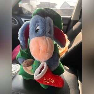 Disney Blue and Green Eeyore Plush with Red Stocking
